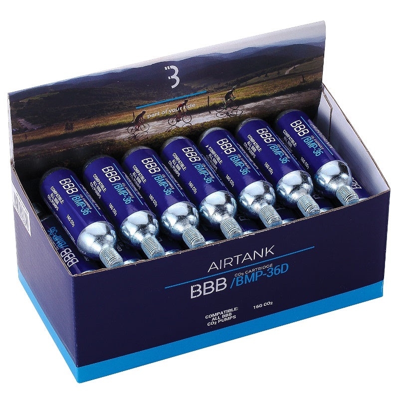 BBB – AirTanks 16g Co2 Cartridges, 30pc Display Box BBB ‘AIRTANKS’ 16gm CO2 CARTRIDGE DISPLAYBOX (30pc threaded)
